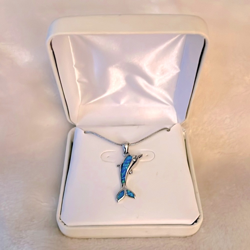 NWOT 🐬 16-18” STAMPED .925 SILVER AUSTRALIAN OPAL PENDANT SNAKE CHAIN NECKLACE - Picture 2 of 8